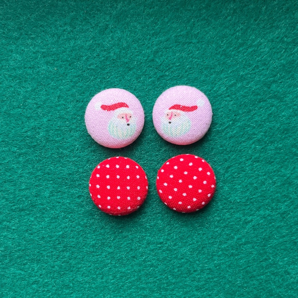 Pink Christmas Fabric Button Stud Earrings, Polka Dot Studs, Santa Earrings